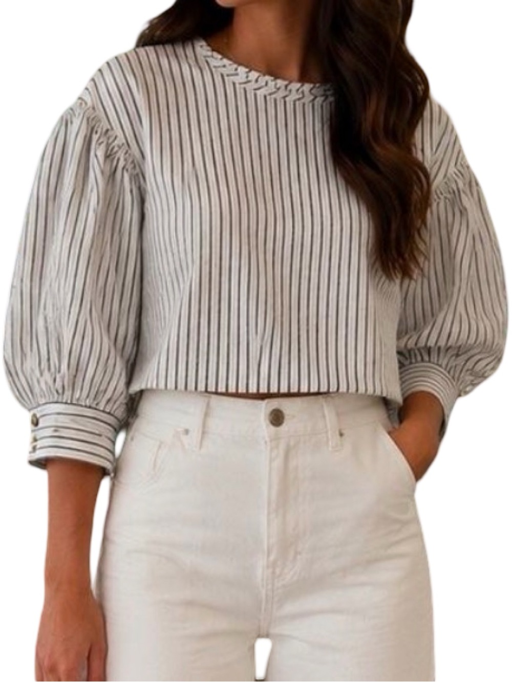 Tuckernuck NWT 100% Linen Blue Stripe Puff Sleeve Crop Top Size S